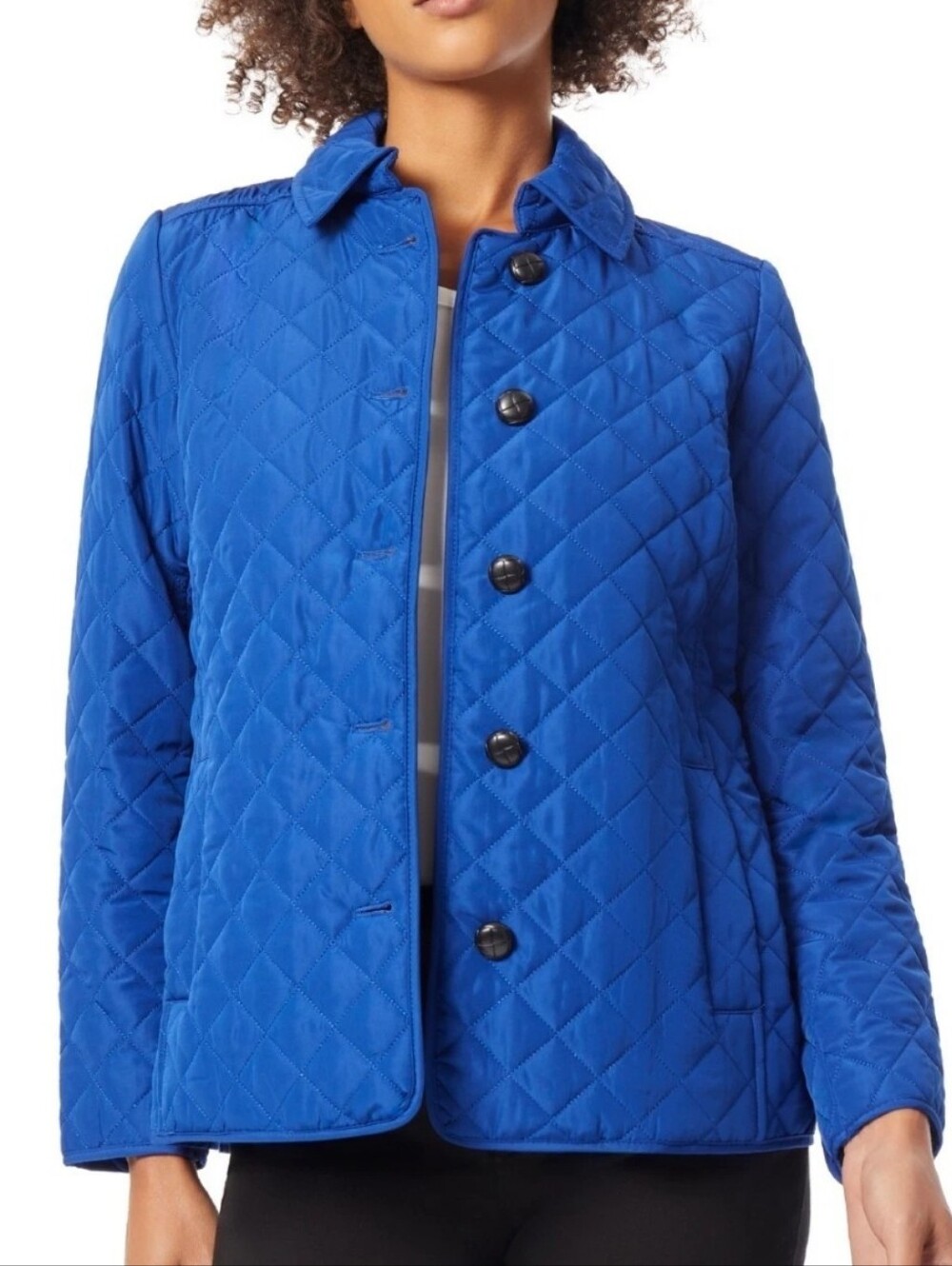 Jones NY Classic Royal Blue Diamond Quilted Button Up Jacket Wms Petite Medium